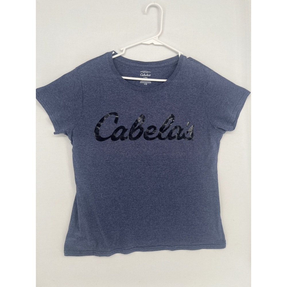 Cabelas Womens Graphic T-Shirt Blue Heather Cotton Blend Logo Tee Size L Reg
